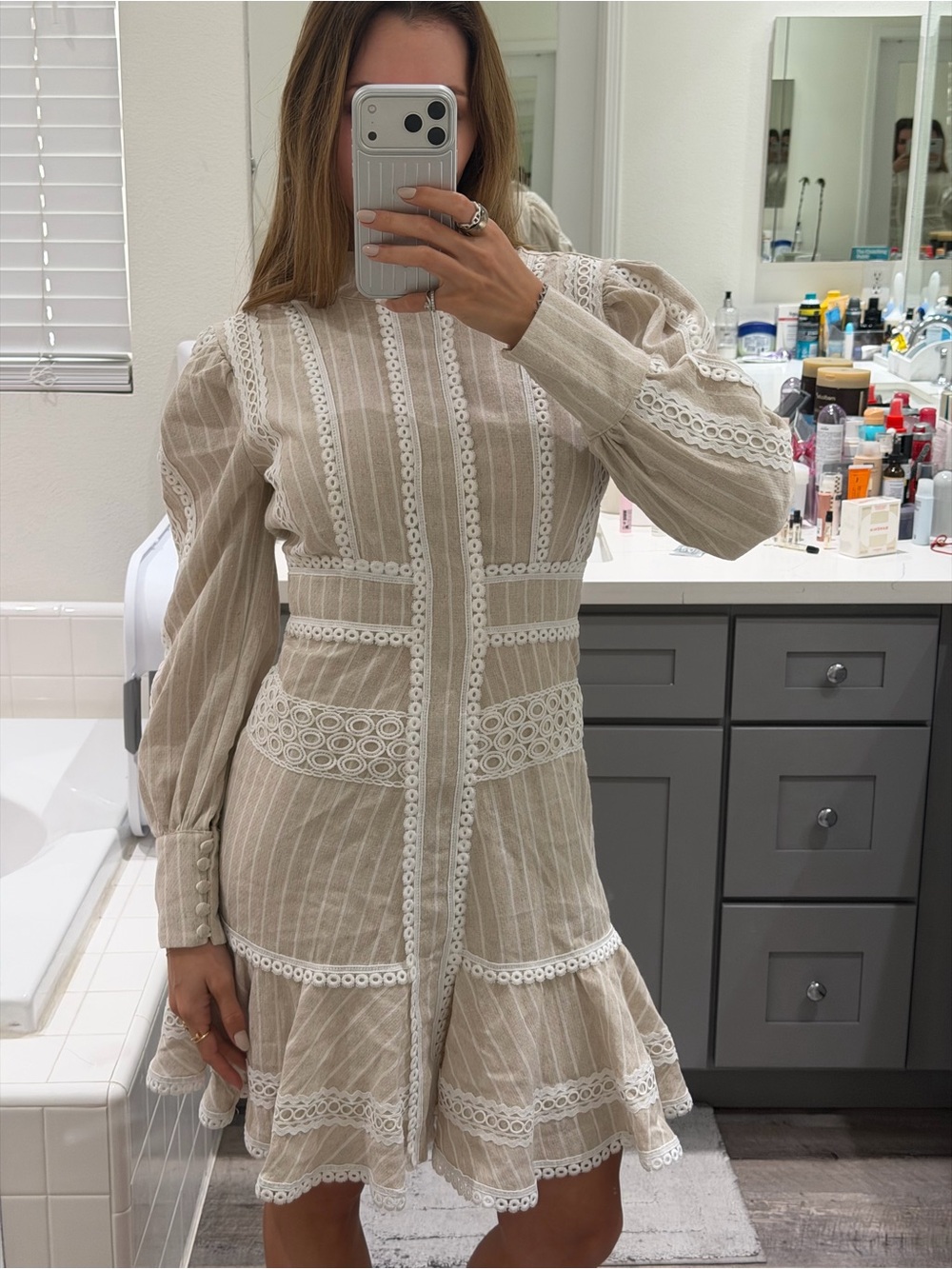 Beige Lace-Trim Puff Sleeve Dress